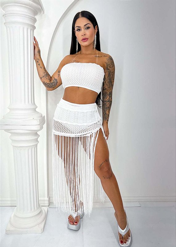 Conjunto Short Saia e Cropped Branco com Pedrilhantes