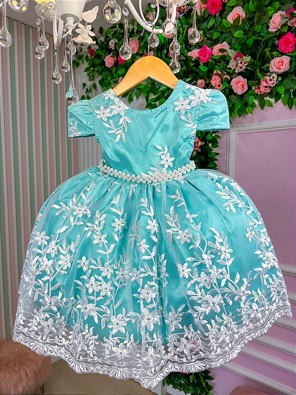 Vestido Enjoy Verde Tiffany Realeza Renda Branca BELLI KIDS ATACADO
