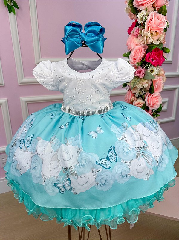 Vestido Menina Bonita Branco Saia Azul Tiffany Florida BELLI