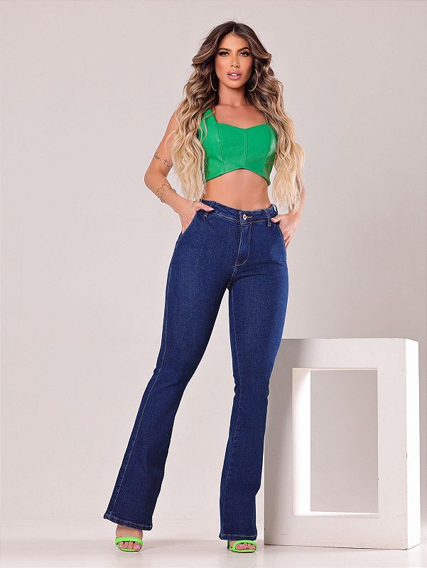 Calça jeans flare azul básica lisa cintura alta com bolsos - HR Rihanna  Fashion