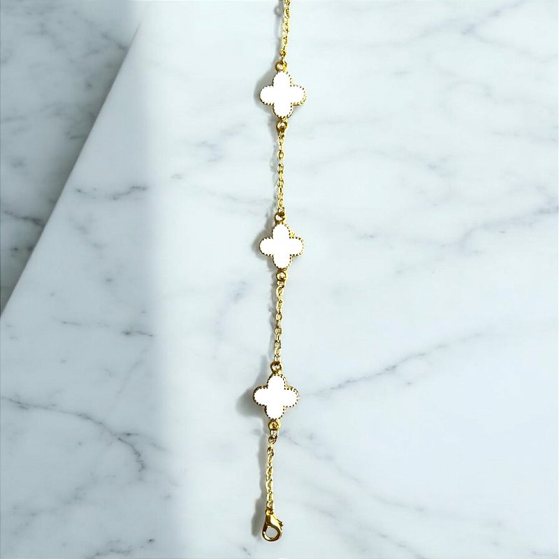 Pulseira Inspiração 3 Trevos Resina Branca Dos 2 Lados