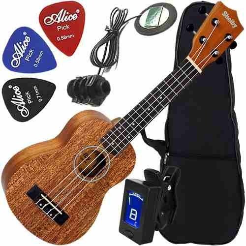 Kit Ukulele Elétrico Soprano Mogno Com Afinador Su21m Shelby Com 10