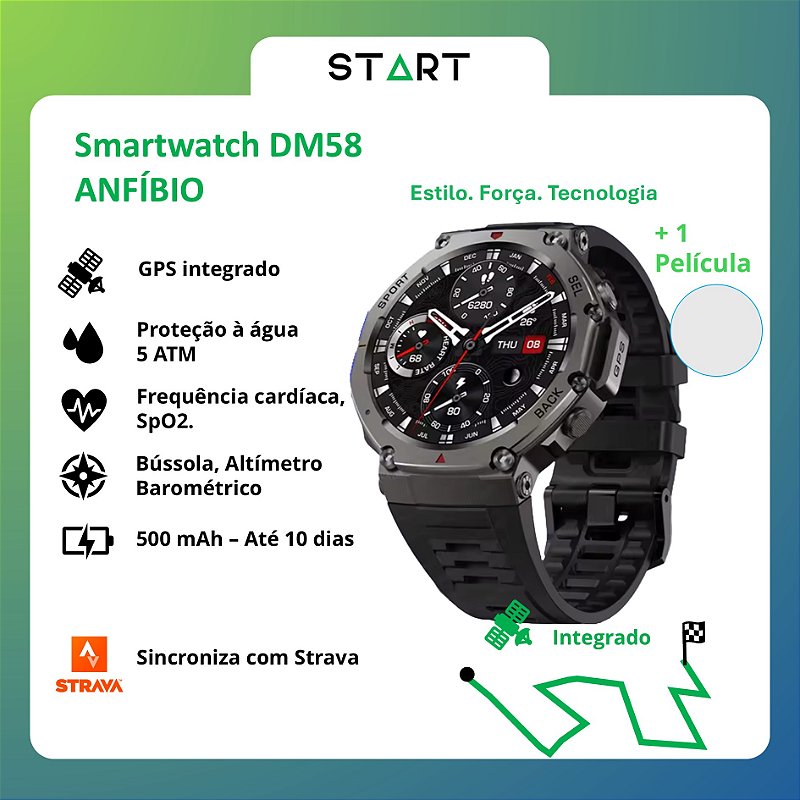 マーゴット Smartwatch DM58 Start Anfíbio - 5 ATM, GPS Integrado - ATLANTIDA TECH