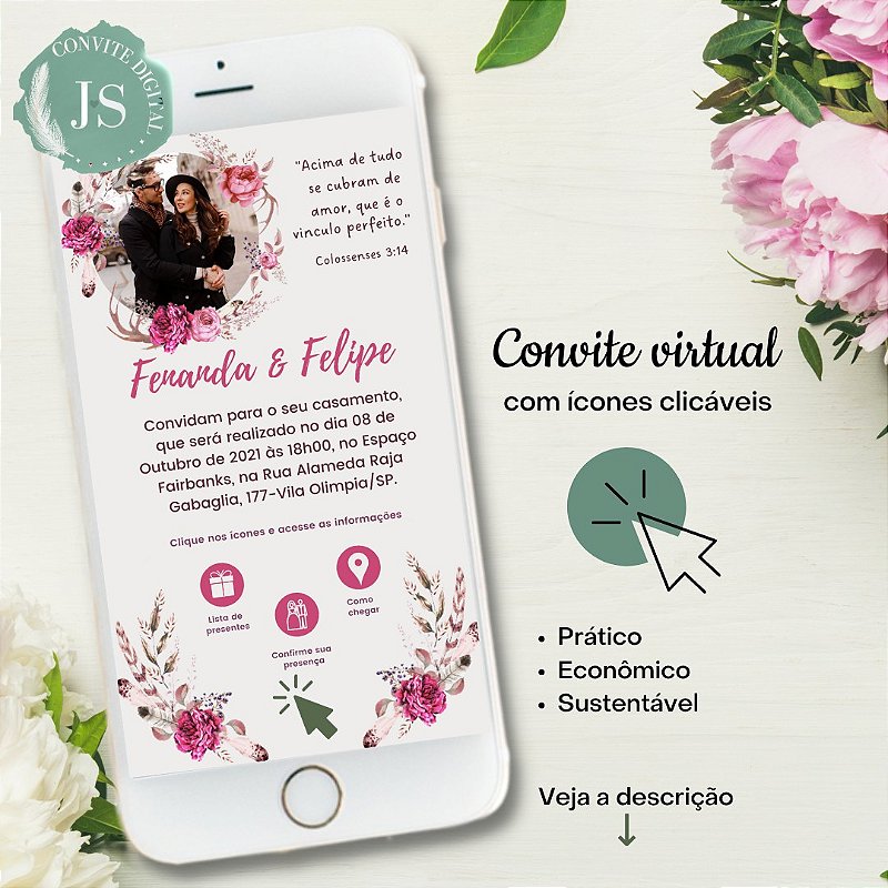 Convite Casamento Virtual Interativo Floral Rosa Whatsapp