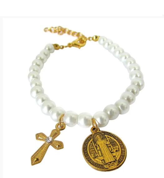 Pulseira Terço São Bento com Pérolas Ajustável