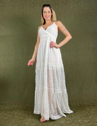 Vestido Algodão Longo com renda Branco de alcinha latex na cintura
