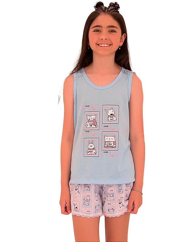 Pijama infantil feminino regata short renda