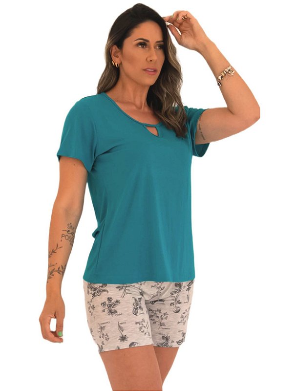 Pijama feminino curto blusa lisa e bermuda