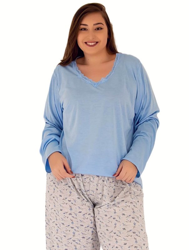 Pijama plus size malha com renda