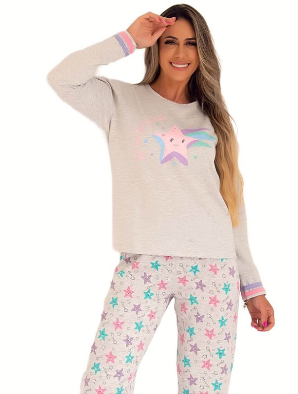 Pijama feminino flanelado estrela de carinha