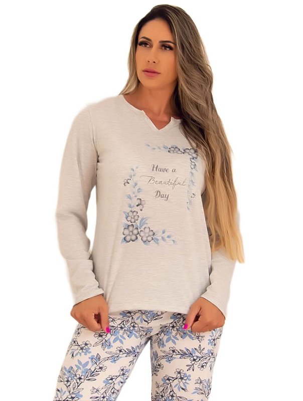 Pijama feminino malha floral mescla