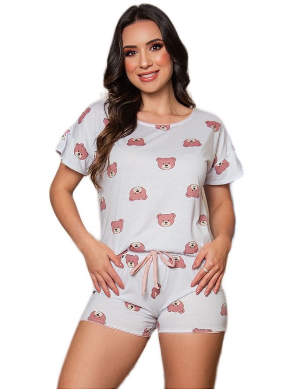 Pijama feminino de urso com detalhe na manga