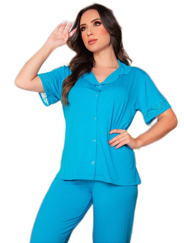 Pijama feminino pescador aberto com renda na manga
