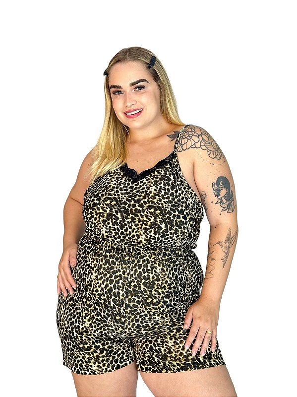 Pijama plus size feminino baby doll de liganete de onça