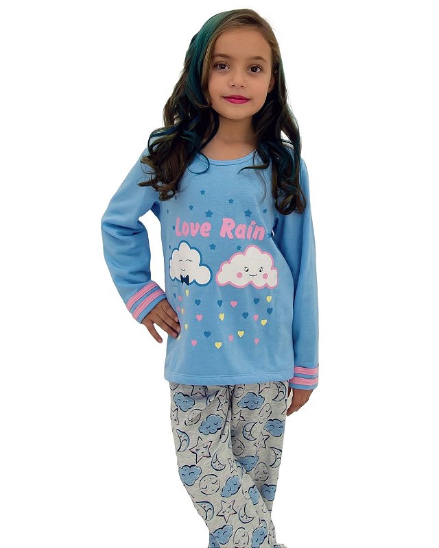 Pijama feminino infantil moletin flanelado nuvens