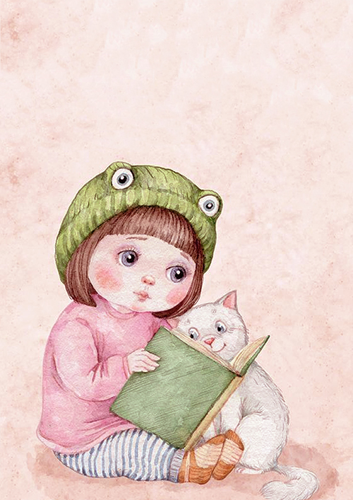 Papel de carta boneca, livro e gato