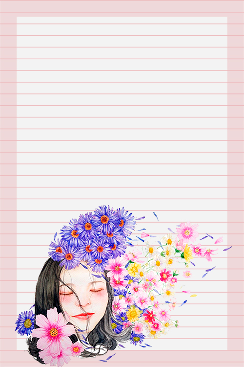 Papel de carta menina nas flores com linhas pautadas