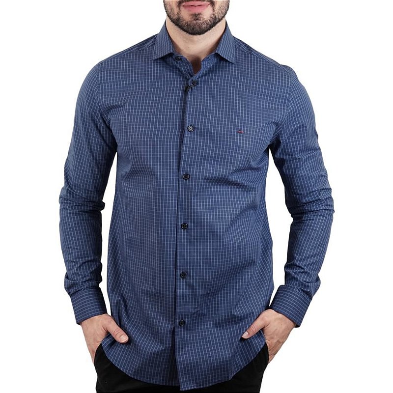 Camisa Masculina Slim Tricoline Micro Xadrez - Aramis - Azul