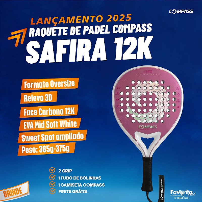 Raquete de Padel Compass Safira 12k 2025 - Favorita Padel