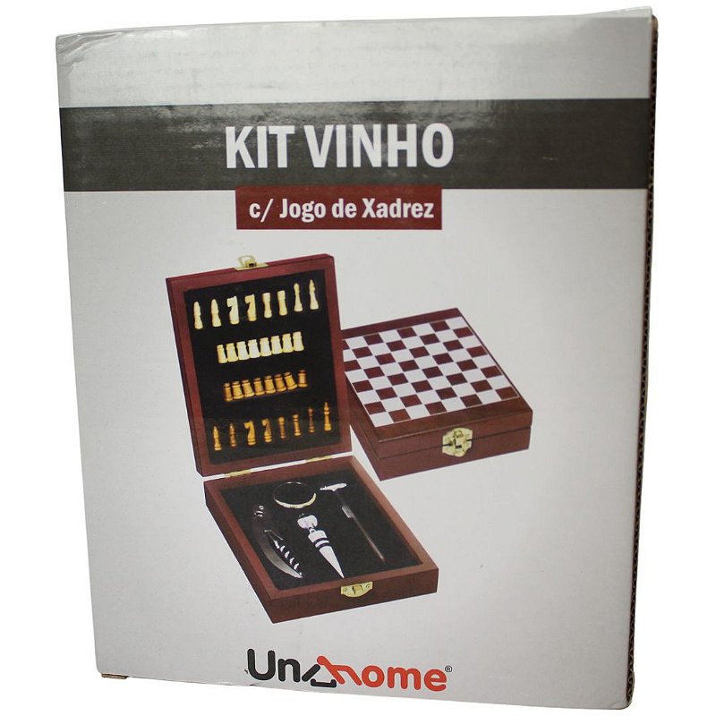 Case mini xadrez de madeira com kit vinho 17cm