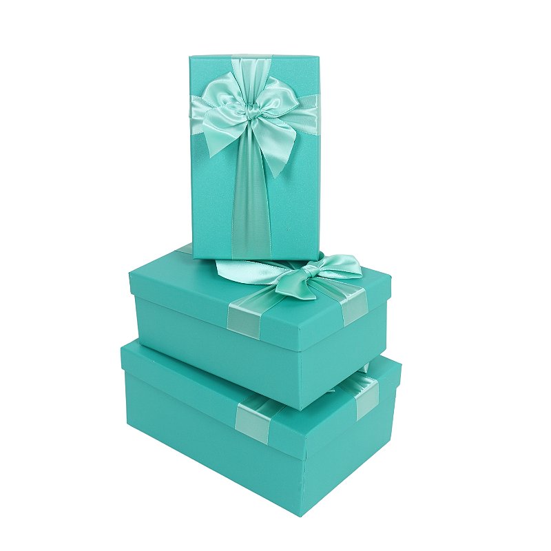 Conjunto 3 Caixas Papel Presente Azul Tiffany com Laço de Cetim