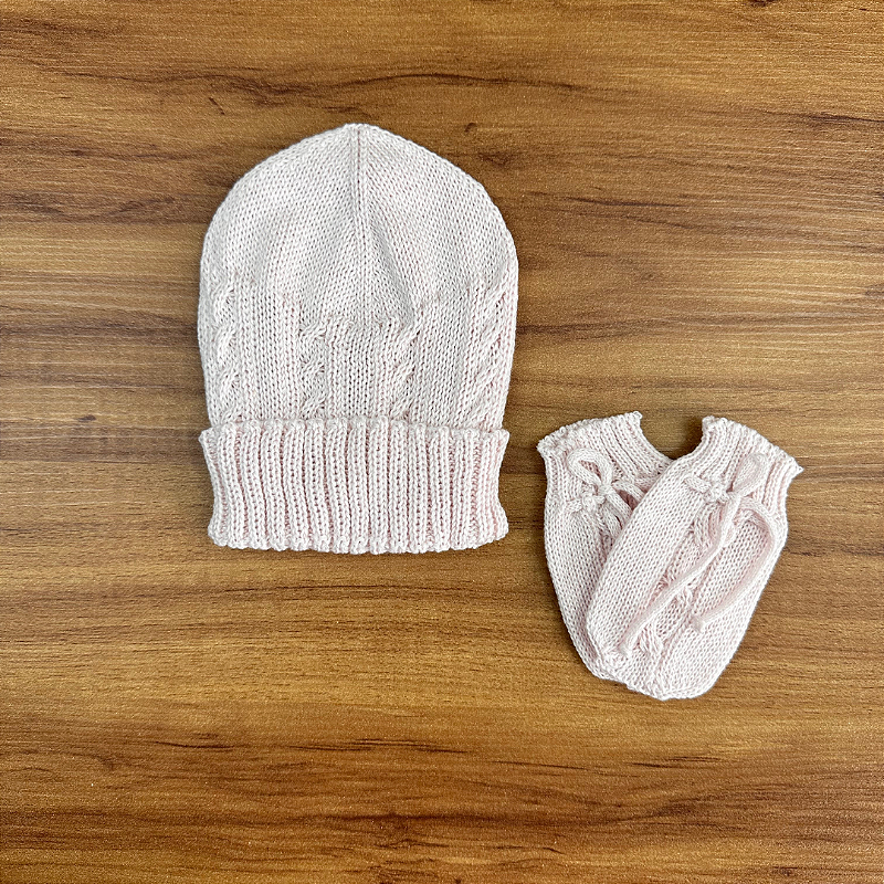 Kit Gorro com Luvas Tricot Rosa
