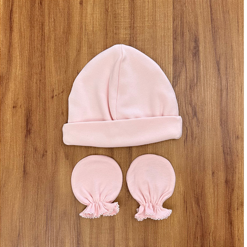 Kit Gorrinho e luvas 100% Algodão Rosa