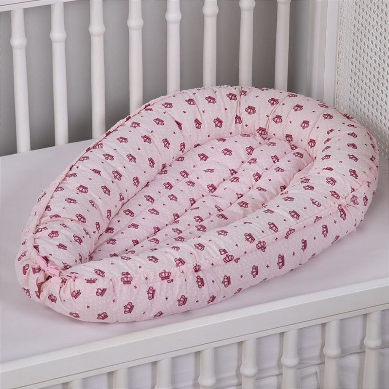 Ninho Para Bebê Redutor De Berco 02 Peças 70cm x 50cm 100% Algodão Menina  Coroa Imperial - Rosa