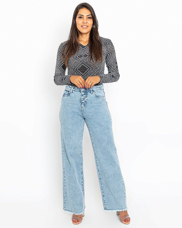 Calça Feminina Jeans Wide Leg Clara Botão Encapado - Marina Zac Store