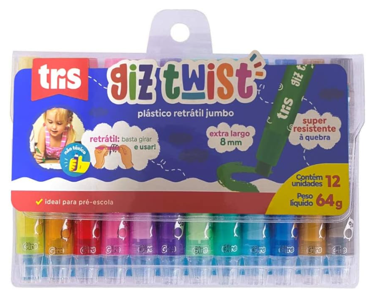 Giz Retrátil Twist Tamanho Jumbo Tris - 12 Cores - Casa Elias