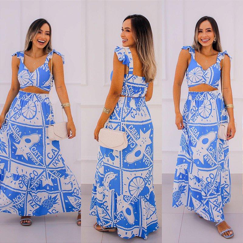 Conjunto Saia e Cropped Estampa Azul