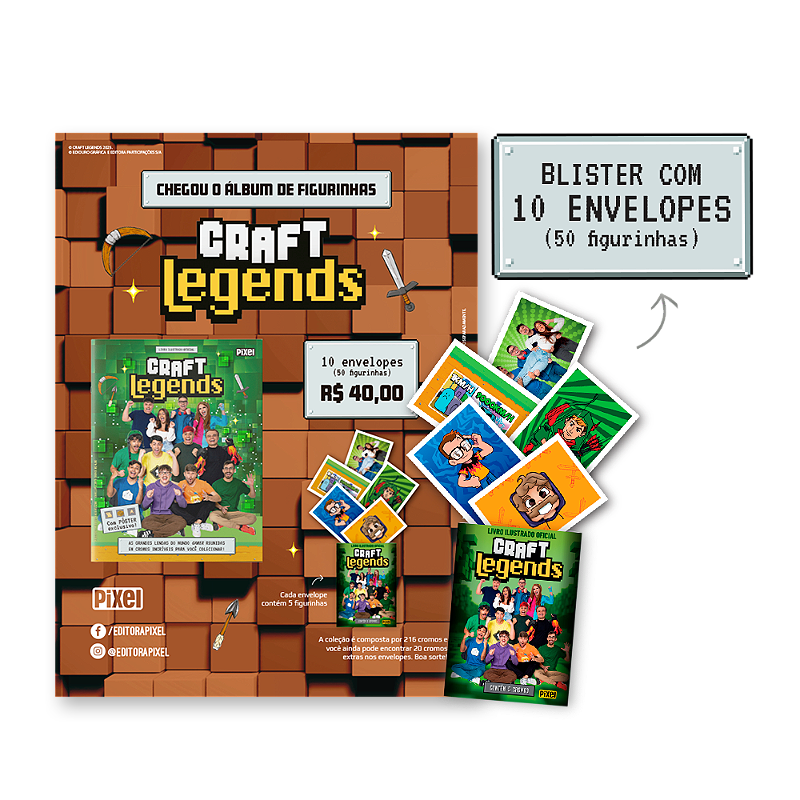 Kit de 10 envelopes com 50 cromos - Livro ilustrado Craft Legends