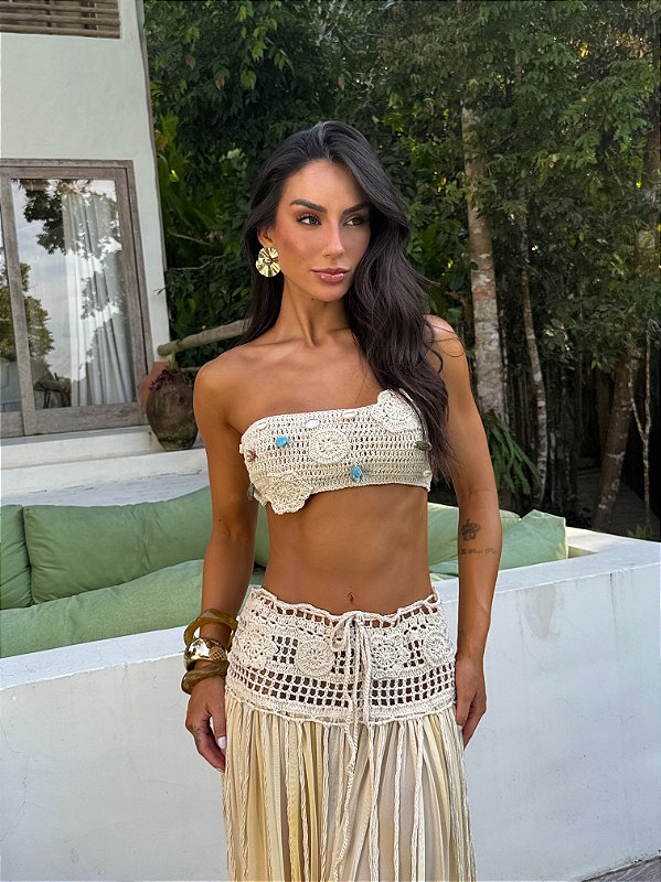Conjunto de Cropped em Croche e Saia Longa Amarelo Maldivas
