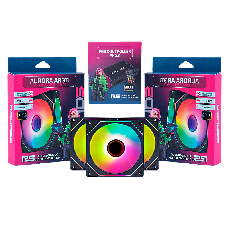 Kit com 3 Fans ARGB Reverse Aurora Round5 e Controladora. - Armada Gamers