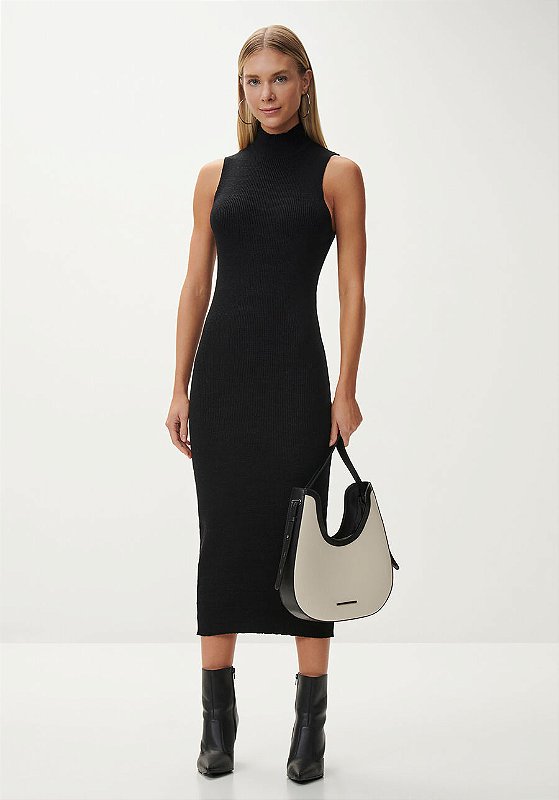 Gola Alta Vestido De TricÃ´ Com Bota Midi Justo Vestido Preto Gola