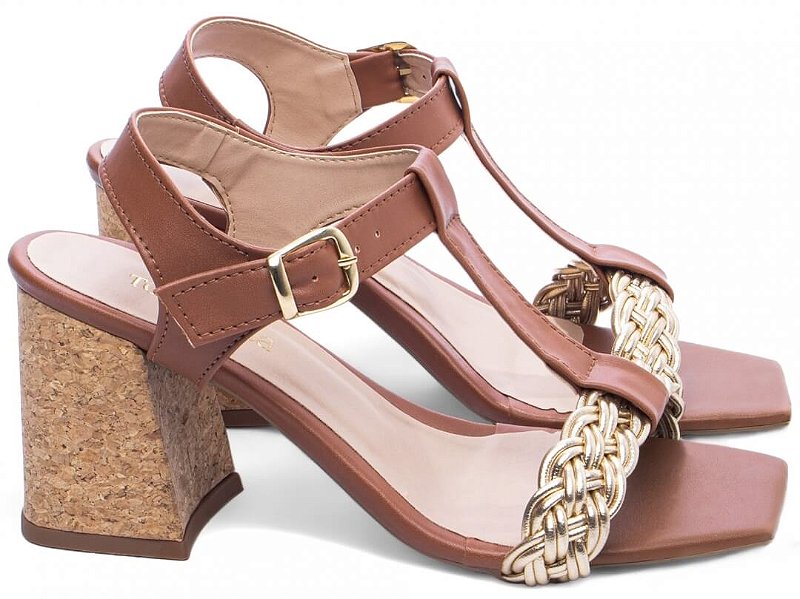 Sandália Feminina Salto Médio Grosso Caramelo e Trança Torricella AVS 45097C