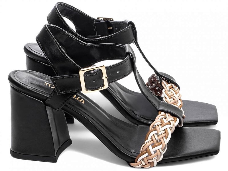 Sandália Feminina Salto Médio Grosso Preto e Trança Torricella AVS 45097A