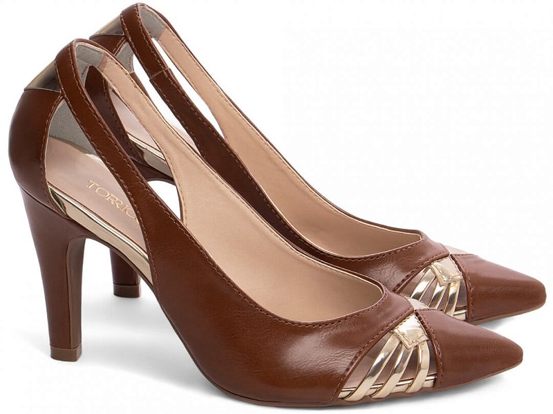 Sapato Scarpin Salto Fino Médio Caramelo Speechio Ouro Light Torricella AVS 68007B