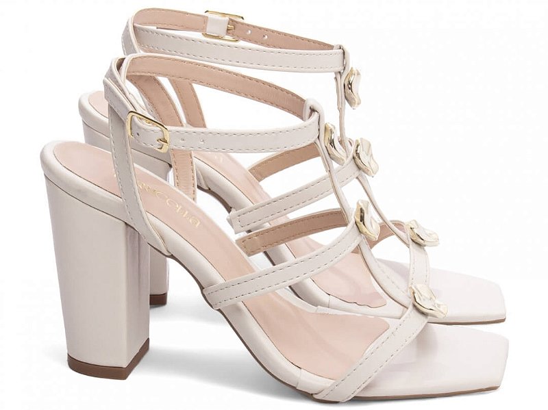 Sandália Salto Grosso 9cm Napa Off White com Apliques Dourados Torricella Design Clássico AVS 45098C