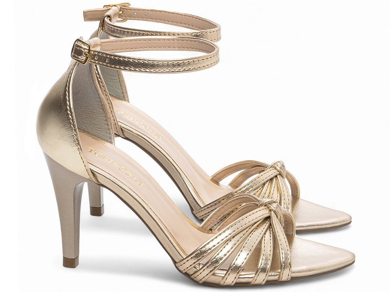 Sandália Feminina Salto Médio Fino Metalizado Ouro Light Torricella AVS 2057B