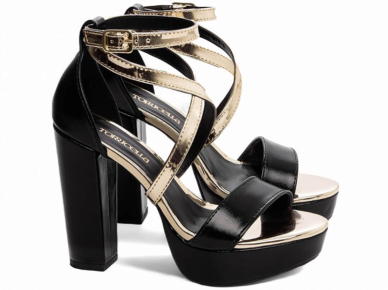 Sandália Meia Pata Feminina Salto alto grosso Preto e Ouro Light Torricella AVS 1002A