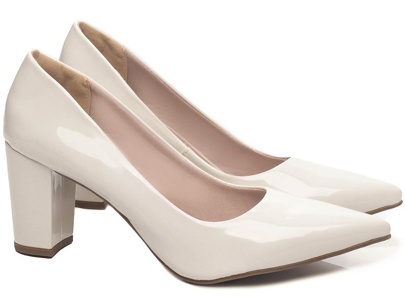 Sapato Scarpin Salto Bloco Grosso 8,5cm Verniz Off White Tamanhos Especiais 39 ao 44 AVS 8000-02I_AR