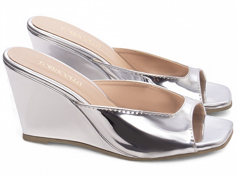 Tamanco Salto Cunha Prata Metalizado 7cm Conforto AVS Global 4068B