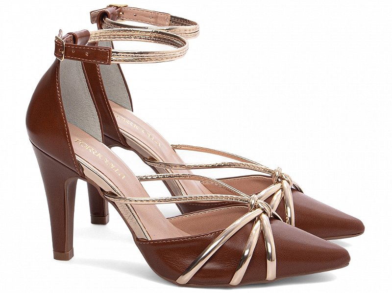 Sapato Scarpin Feminino Salto Fino Alto Caramelo e Ouro Light Elegante Torricella AVS 67072C