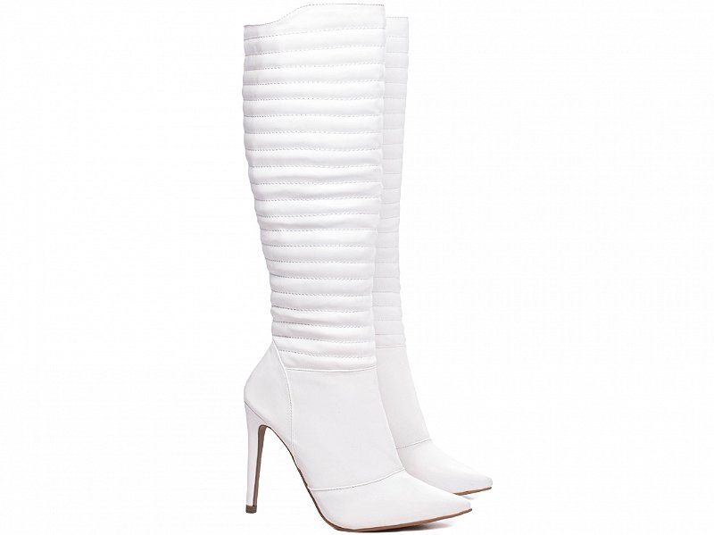 Bota Feminina Cano Alto Branca Salto Fino 12cm Matelassê Napa Torricella AVS 80005C