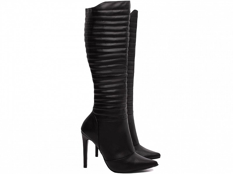 Bota Feminina Cano Alto Preta Salto Fino 12 cm Matelassê Napa Torricella AVS 80005B