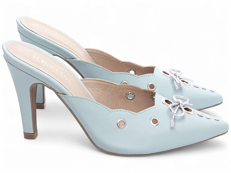 Scarpin Mule Azul Torricella Salto Fino 9cm com Laço Prata Feminino AVS 67078A