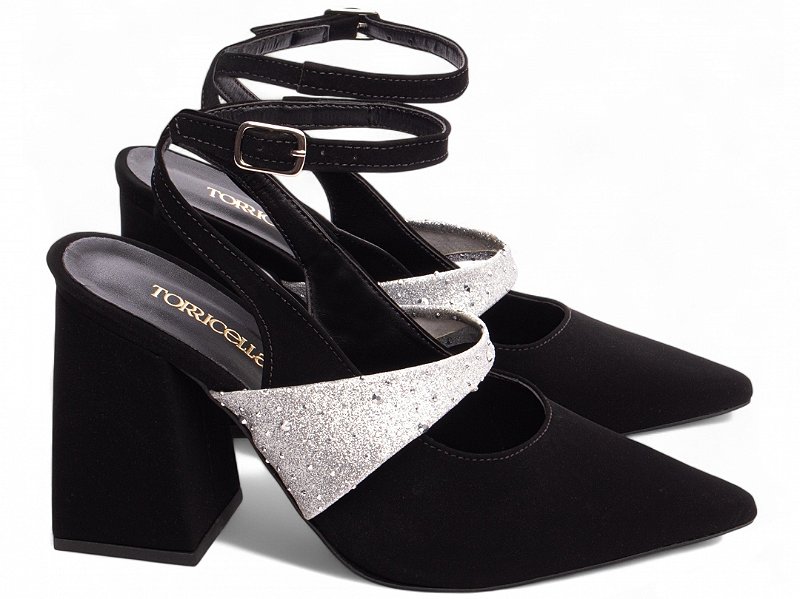 Scarpin Nobuck Glitter Torricella Salto Grosso 8,5cm com Fivela Prata AVS 67075A