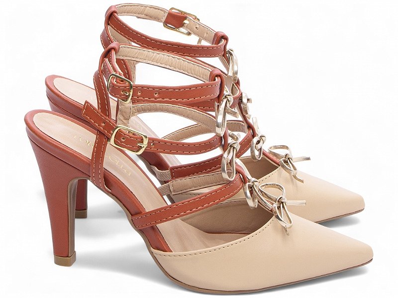 Scarpin Bico Fino Bege Torricella Salto Fino 9cm com Laços Metalizados AVS 67074B
