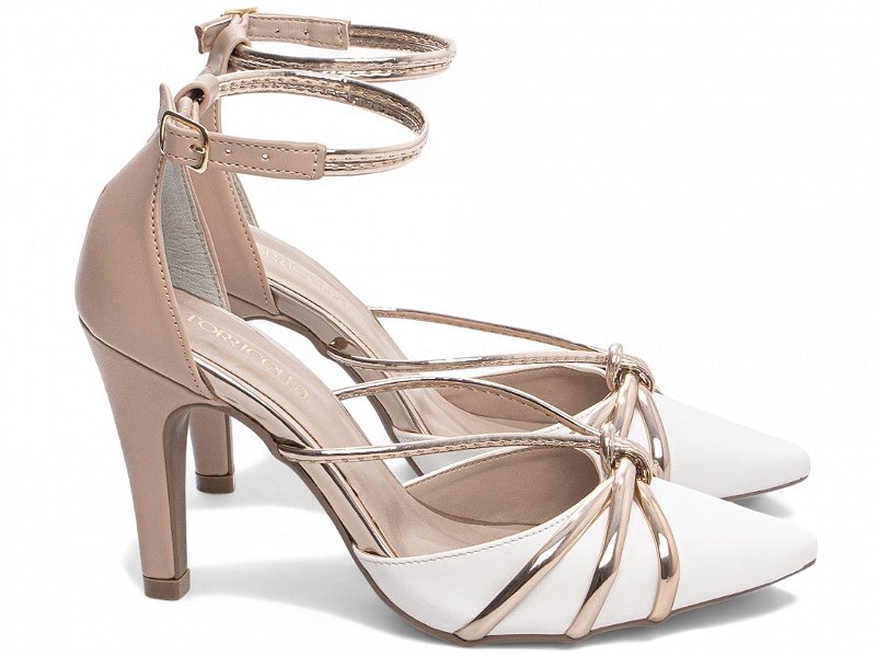 Scarpin Salto Fino Branco Torricella 9cm com Detalhes Rosê Metalizado AVS 67072B